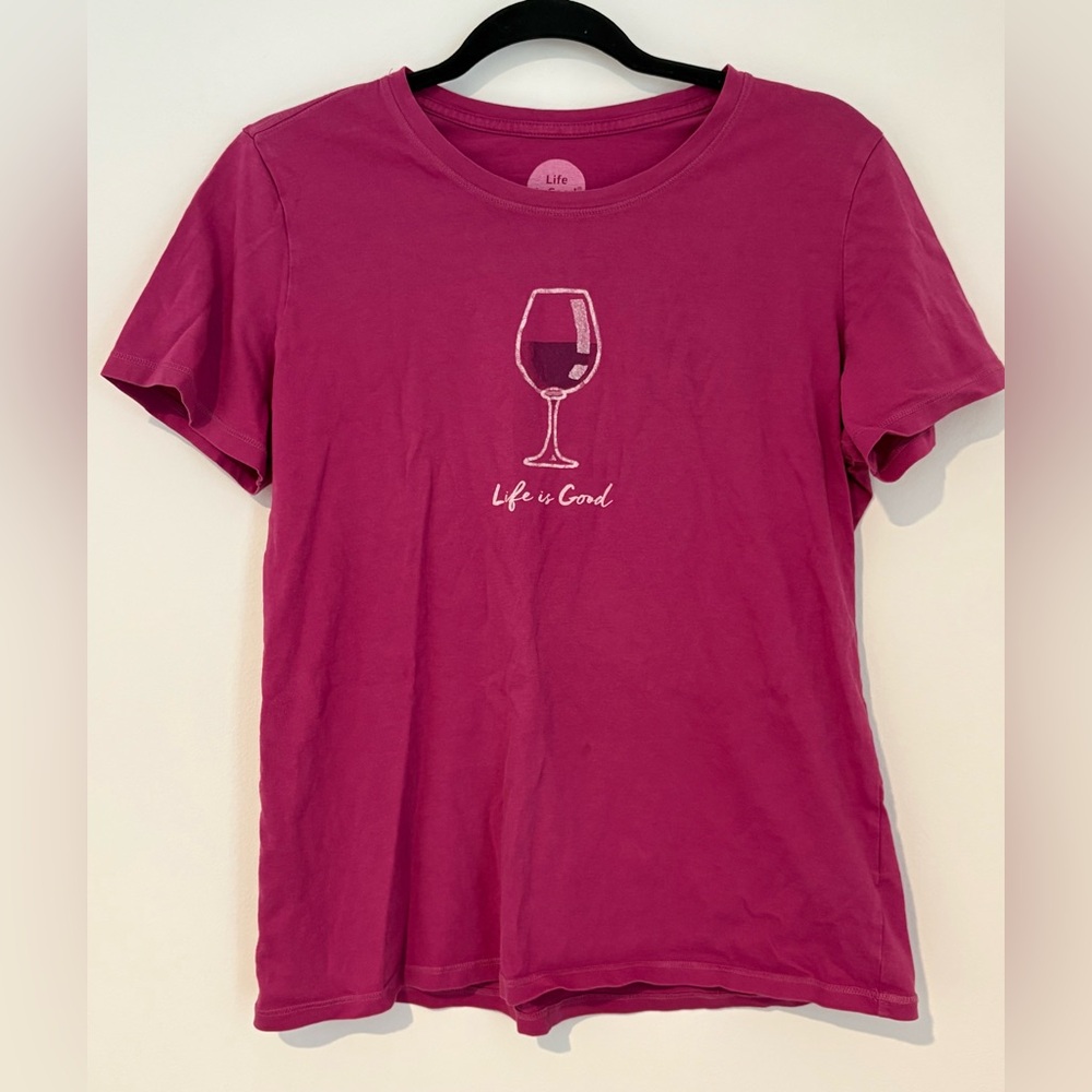 Life is Good Women’s Crusher Tee Shirt Pink Wine Glass Classic Fit Cotton Medium